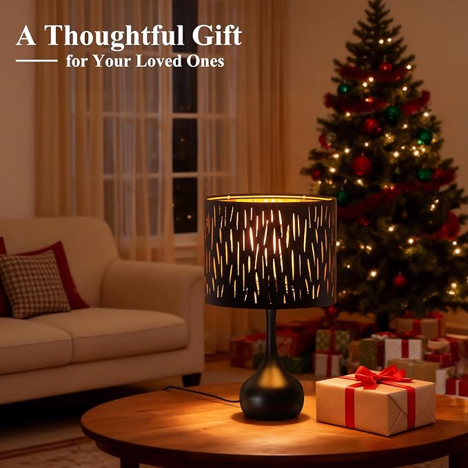 ONEWISH Touch Bedside Lamp for Bedroom, 3-Way Dimmable Table Lamps for Nightstand, Black Cutout Shade with Gold Lining Desk Lamp for Living Room, End Tables, LED Bulb Included