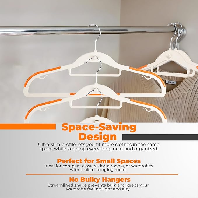 Lightweight White Plastic Hangers 20 Pack with Cascading Hook, Space Saving Thin, Closet Organizer, Orange Anti-Slip Pads, 360° Swivel, Tie Holder