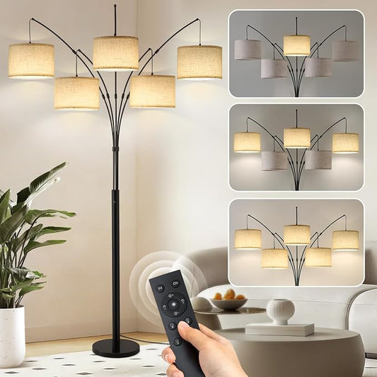 Bright Floor Lamp, Remote Control, Beige Shade Black Pole | Large Floor Lamp, 4000LM Independently Controlled 9W LED Energy-Saving Light Bulb, Memory Function, Adjustable Arm