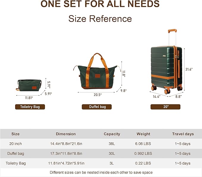 3-Piece Carry-On Luggage Set for Business Travel | 20-Inch Hardside Spinner Suitcase with TSA Lock, Lightweight PC+ABS Construction, Multi-Dividers & Sturdy Handle (Green)