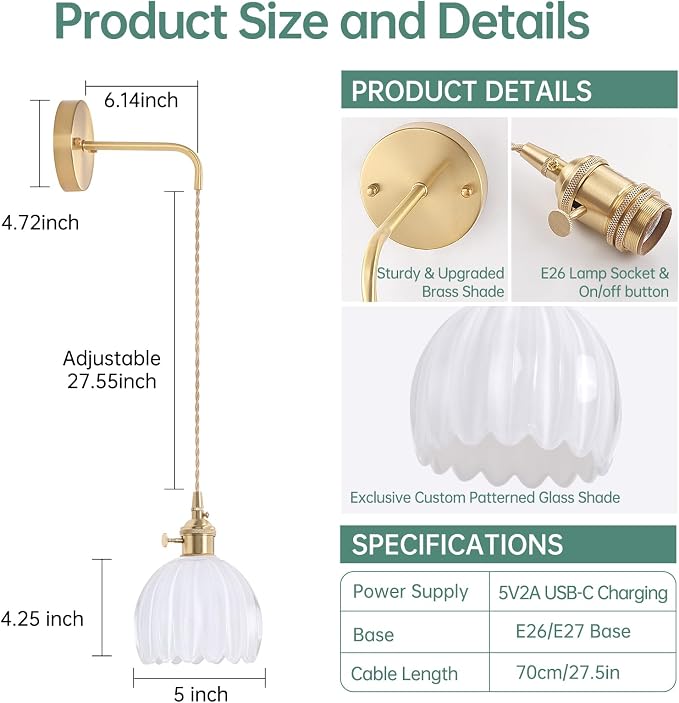 Shenmoyl Battery Operated Wall Sconce with White Tulip Shade Pattern Glass Adjustable Chain Retro Gold Wall Mounted Light, Modern Wall Lamp Fixtures Decor for Bedside Bedroom Indoor Doorway