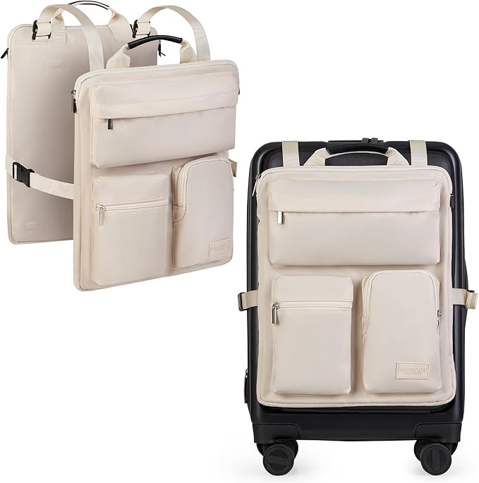 BAREFOOT CARIBOU Over Luggage Organizer for Carry On Bag or Suitcase with Storage Pockets, 16” Laptop Sleeve with Handle, Travel Accessories Bag Slide On Luggage Harness with Adjustable Straps (Ivory)