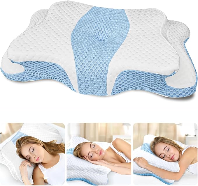 Memory Foam Pillows, Cervical Pillow for Neck and Shoulder Pain Relief, Ergonomic Contour Bed Pillow, Soft for Side Sleep Stomach Sleeping and Back Sleeper-Queen Size & Light Blue