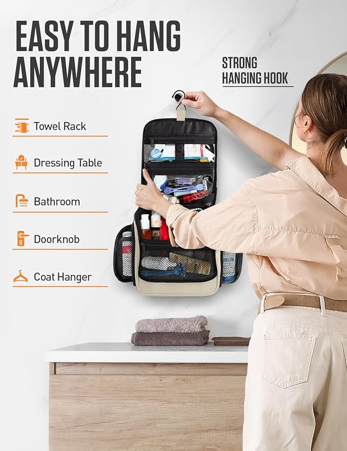 VENTURE 4TH Hanging Travel Toiletry Bag for Women & Men – Large Toiletry Organizer with 18 Compartments, Removable TSA Pouch, Travel Wash Bag for Toiletries, Makeup & Shaving Kit (Beige)