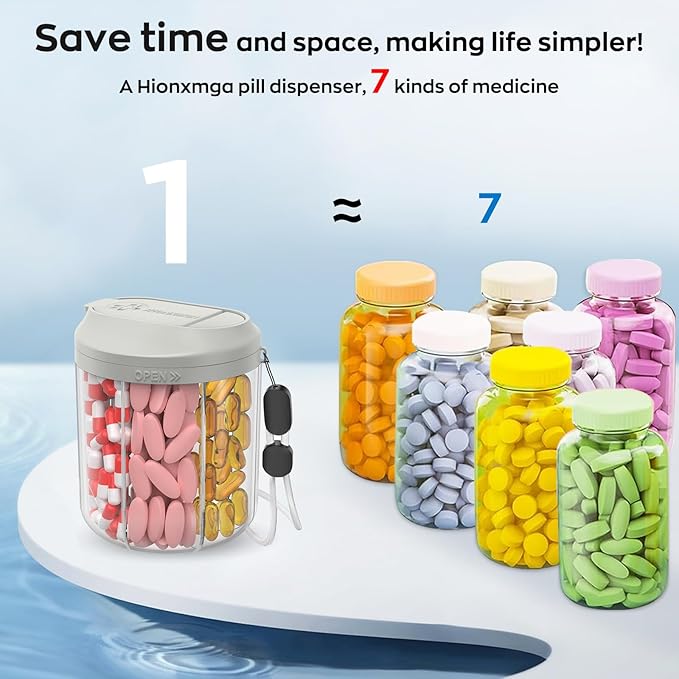 Pill Dispenser with 7 Large Compartments, Pill Bottle Organizer for Travel, Supplement Organizer with Anti-Mixing Design, BPA-Free Pill Container with 20 Pcs Labels, Grey