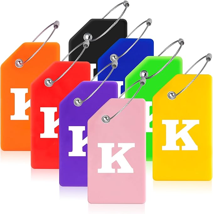Gostwo 8 Pack Luggage Tags for Suitcases, 26 Initial Letter Travel Luggage Baggage Identification Labels ID Tags Fully Bendable Tags with Stainless Steel Loop (Letter K, Colorful)