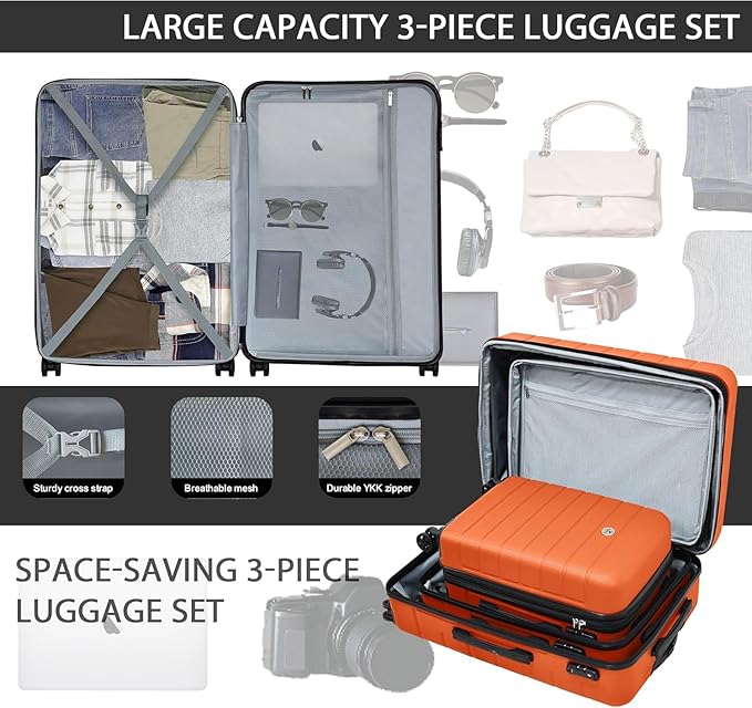 Classic 3-Piece Luggage Set with TSA Lock, Lightweight Suitcase with Spinner Wheels, Hardshell Expandable Carry-On Luggage, 20/24/28 inch, Orange