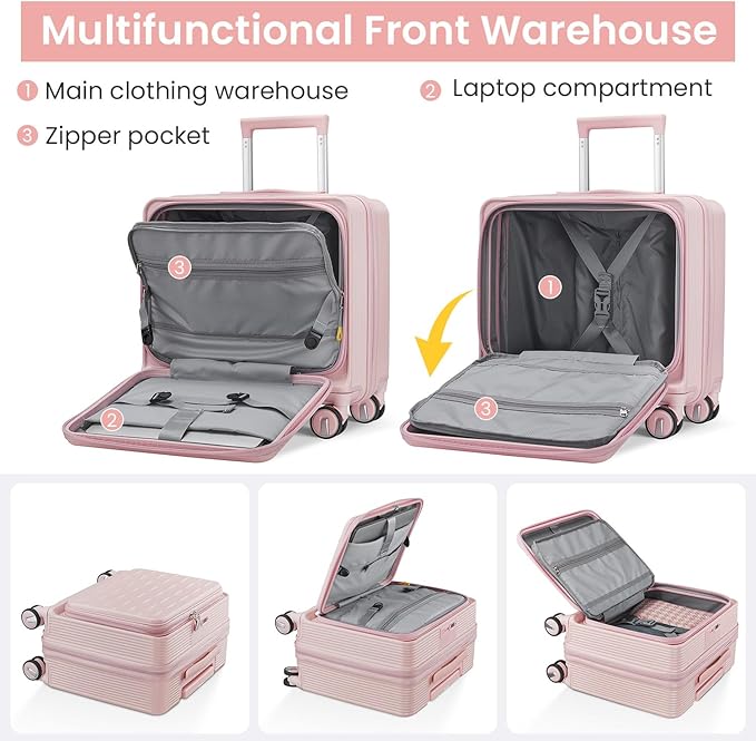 3 Piece Luggage Set 16 Inch Carry On with Front Opening, Expandable PC Hardshell Suitcase with 14" Cosmetic Case & Handbag, Lightweight Underseat Rolling Luggage with TSA Lock & PVC Cover