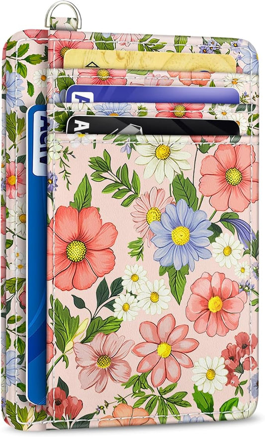Yonlevres Credit Card Holder Slim Wallet, Floral RFID Wallet Women Front Pocket Small Card Holder, Travel Cute Thin with ID Window PU Leather RFID Blocking Case Organizer Gift Girls Ladies