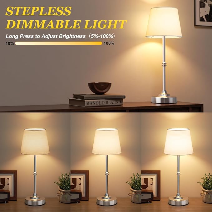 Kakanuo Rechargeable Cordless Table Lamp Silver - 1 Pack 4000mAh Battery Operated Lamp, 3000K Warm Light, Touch Control Stepless Dimming, for Bedside, Dining Table, Home Decor