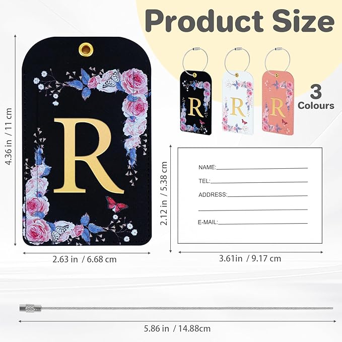 3 Pack Luxury Floral Luggage Tags, Durable PU Leather Suitcase Tags with Stainless Steel Cable Strap, Hidden ID Slot for Privacy Protection, Easy to Identify Waterproof Travel Accessories Gift (R)