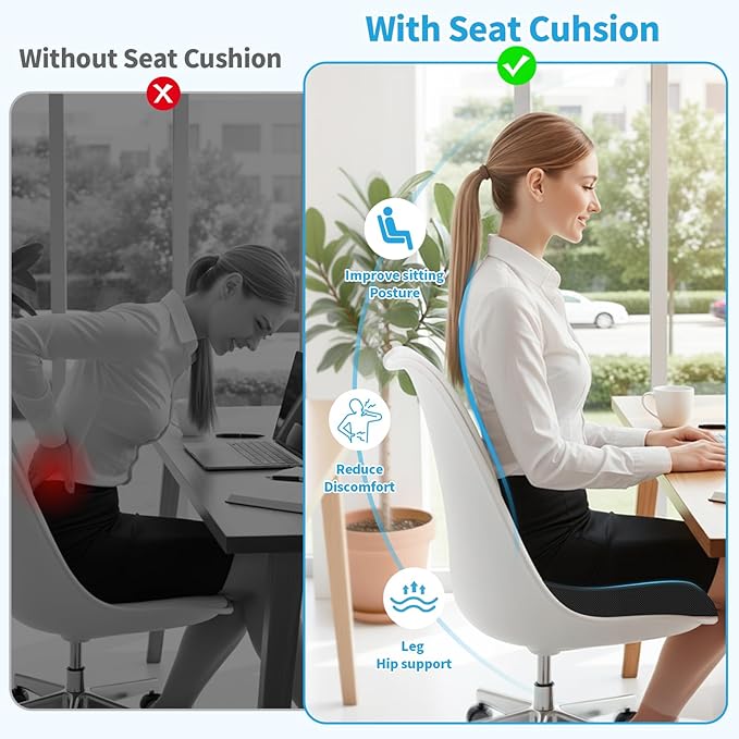 Large Seat Cushion, Memory Foam Cushion for Long Sitting Hours on Office Chair, Car Seat, Non-Slip Chair Pad for Sciatica, Coccyx, Tailbone Pain Relief & Post-Surgery Recovery (Black)