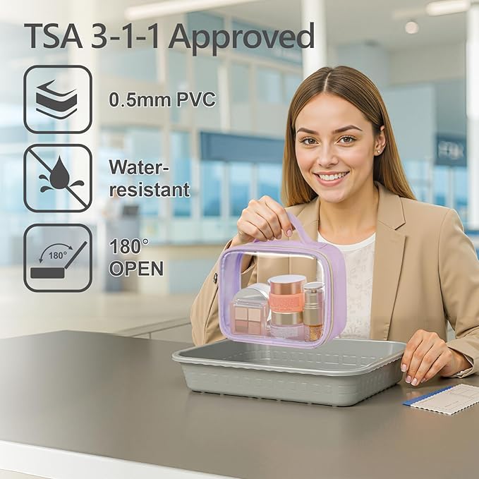 PACKISM Clear Makeup Bag Combo Pack, 1 TSA Approved Medium & Large for Checked Luggage, Clear Toiletry Bag with Handle, Water-resistant Travel Essentials Organizer, Purple