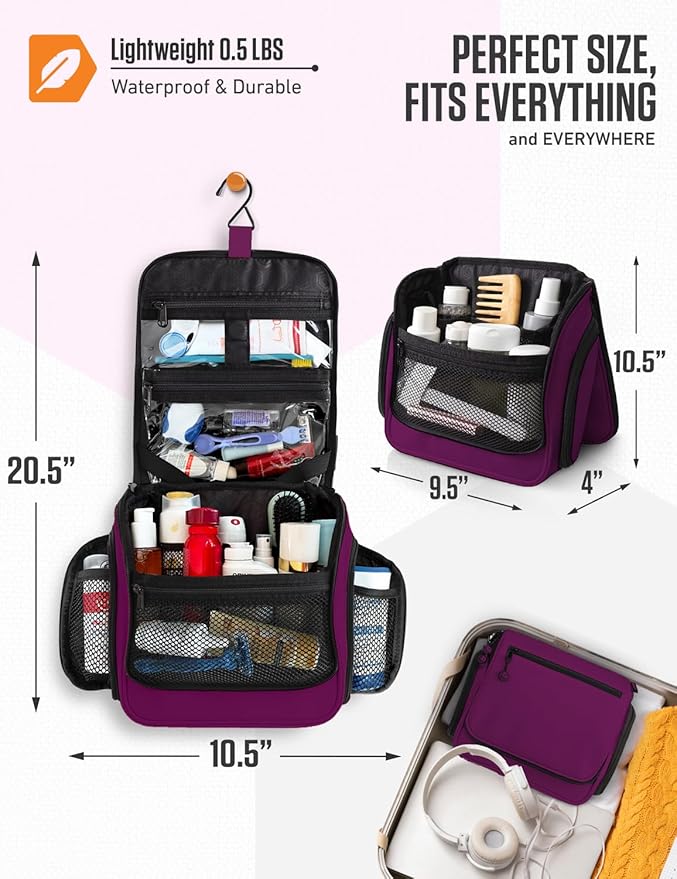 VENTURE 4TH Hanging Travel Toiletry Bag for Women & Men – Large Toiletry Organizer with 18 Compartments, Removable TSA Pouch, Travel Wash Bag for Toiletries, Makeup & Shaving Kit (Purple)