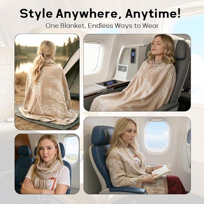 Travel Blanket Airplane - Ultra Soft & Lightweight Knit Design Compact Airplane Blanket,53x72 Inch,Stylish Travel Shawl Wraps for Flights,Office,Home Use,Travel Essentials & Gifts