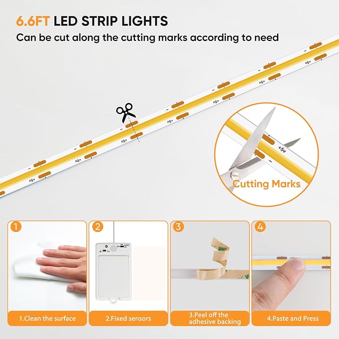 OMIKA COB Rechargeable Motion Sensor Light Indoor, 6.56FT 640LEDs 4000K Natural White Closet Lights, 1500mAh Cuttable Led Light Strip for Cupboard, Bed, Shelves, Wardrobe, Hallway, Cabinet