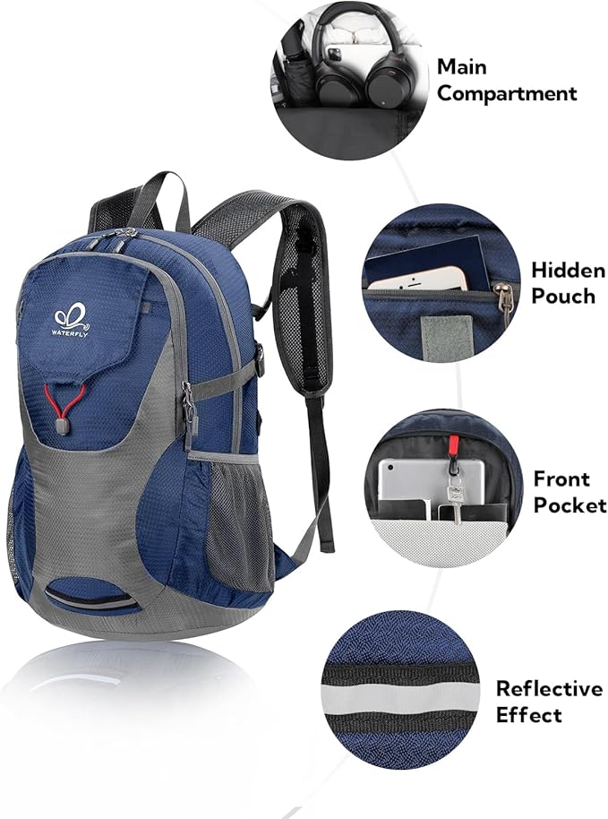 WATERFLY Lightweight Packable Hiking Backpack: 30L Foldable Travel Daypack Ultralight Camping Day Pack for Woman Man
