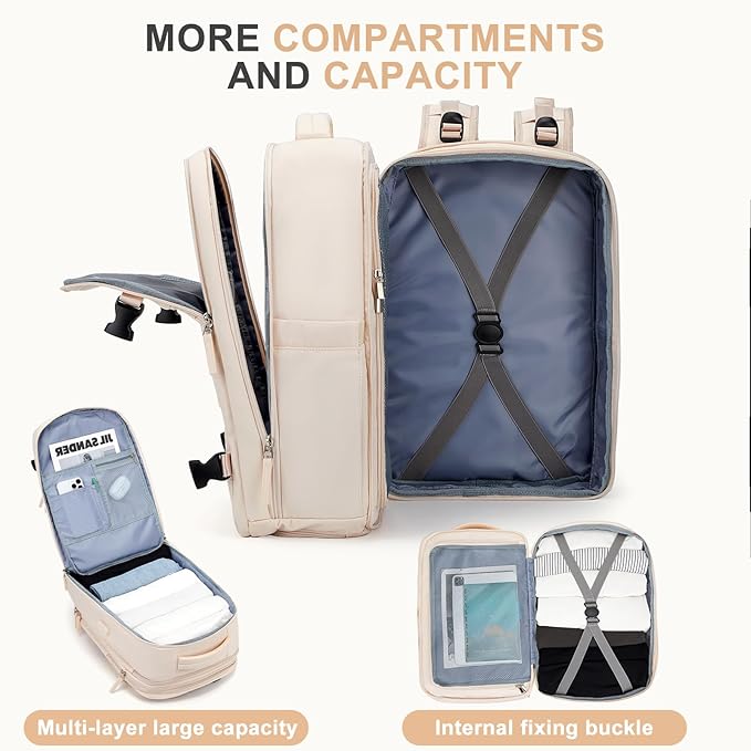 coowoz Large Travel Backpack For Women Men, Carry On Backpack,Hiking Backpack Waterproof Outdoor Sports Rucksack Casual Daypack Expandable Heavy Duty Extra large Backpack Beige Expansion