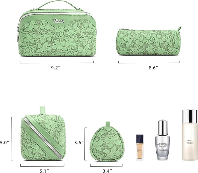 BOYATU Travel Makeup Bag Cosmetic Bags for Women: Large Capacity 3 Pcs Set Make up Bag with Compartments - Waterproof Vegan Leather Toiletry Organizer Bags with Handle (Z-65Light Green)