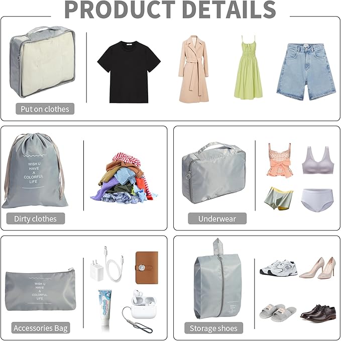 12PCS Packing Cubes for Suitcases, Travel Luggage Organizer Bags, Packing Cubes Luggage Packing Organizers for Travel Accessories, Grey