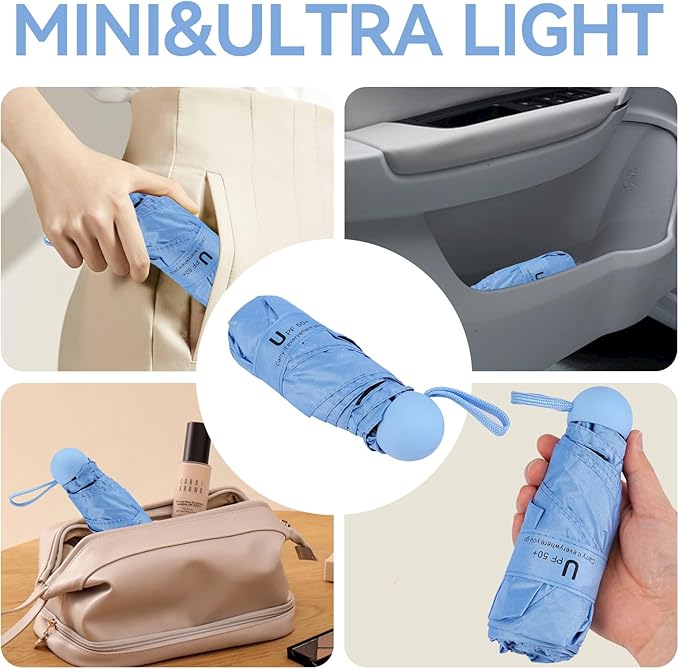 Mini Umbrella for Travel, Compact Folding Umbrella with Case, Lightweight 0.45lb Small Pocket for Backpack and Purse, Rain and Sun Protection - UPF 50+ Windproof Travel Umbrella Compact Mini for Outdoor Use