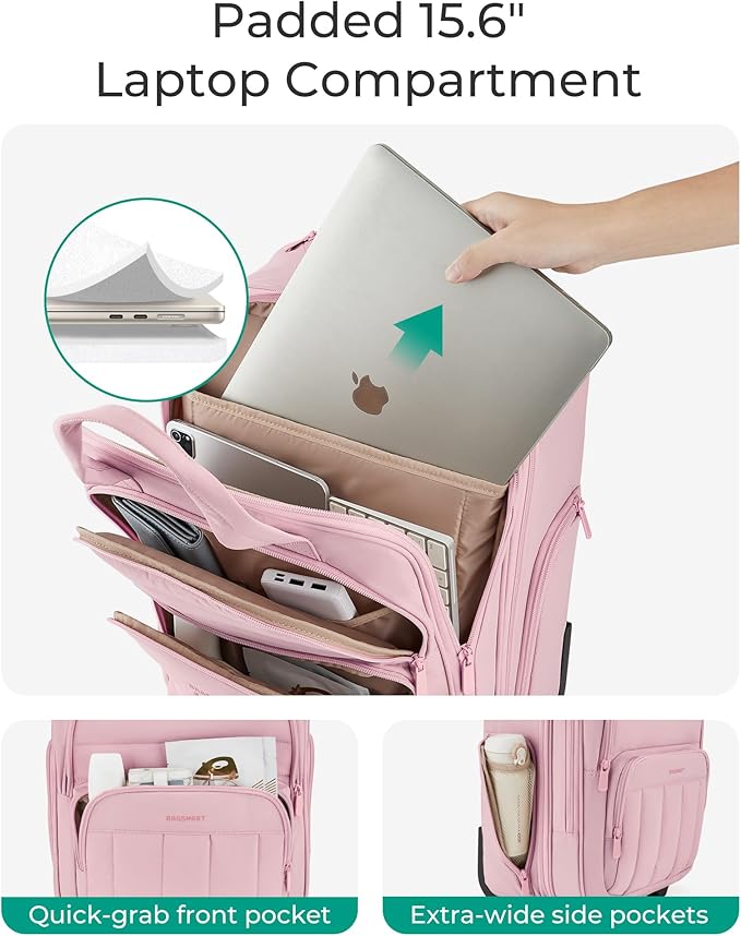 BAGSMART Small Underseat Carry on Luggage with Wheels, 16 inch Small Under Seat Luggage, Lightweight Travel Suitcase for Women, Baby Pink