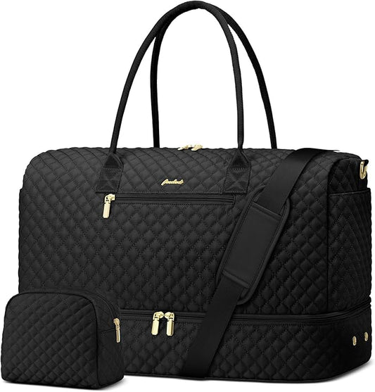 Travel Weekender Duffle Bags for Women - Large Carry On Bag with Shoe Compartment Overnight Bag with Toiletry Bag Duffel Bags with Wet Pocket for Gym Hospital Bags for Labor and Delivery Black