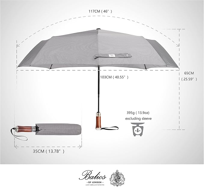 Balios (Designed in UK) Travel Umbrella Luxurious Golden Hardwood Handle Auto Open & Close Windproof Frame Single Canopy Automatic Folding Umbrella Men's & Ladies
