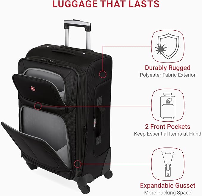 SWISSGEAR Sion Softside Expandable Spinner Luggage Durable Lightweight Travel Suitcase, Black, Checked-Medium 25-Inch