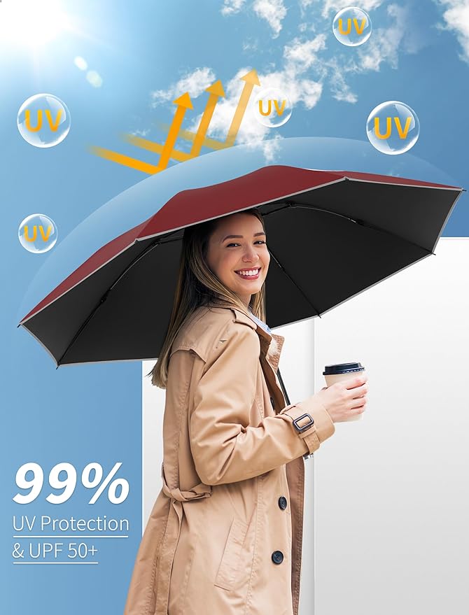 Seniny Inverted Travel Umbrella Compact - Windproof Umbrellas for Rain with Reflective Strip, Large UV Umbrella for Sun Protection, Automatic Portable Umbrellas Fold in Reverse for Car, Backpack