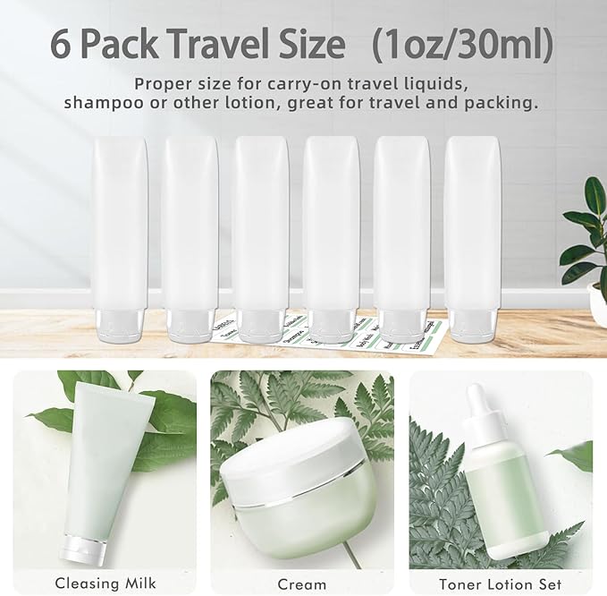 6 Pcs 1 oz Travel Size Toiletries Refillable Travel Bottles, Squeeze Travel Toiletry Bottles with Labels for Toiletry Makeup Travel Containers