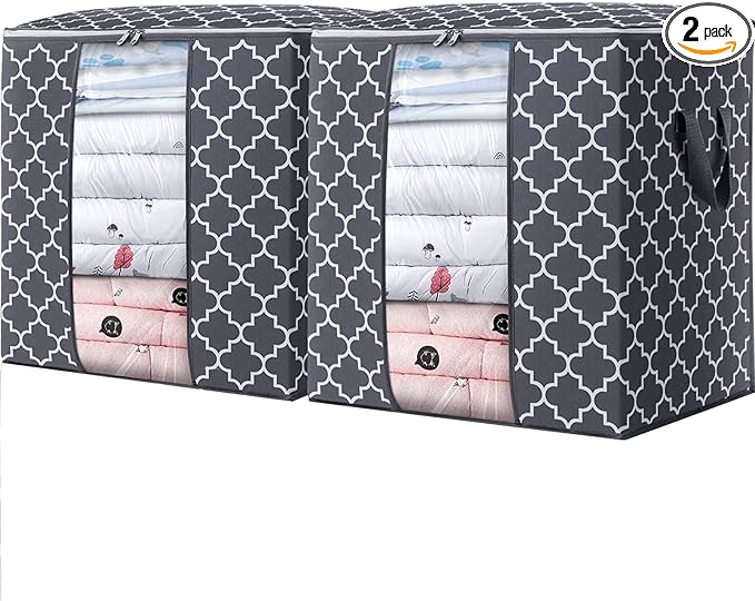 WISELIFE Storage Bags 2 Pack/100L Large Blanket Clothes Organization and Storage Containers for Comforters,Bedding, Foldable Organizer with Reinforced Handle, Clear Window, Sturdy Zippers,Gray
