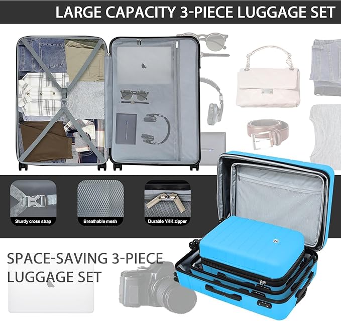 Classic Luggage Sets 5 Piece, Carry-On Luggage with Spinner Wheels, Lightweight Hardside Suitcase Set with TSA Lock, Bonus Travel Backpack & Makeup Bag, 20/24/28 inch, Blue