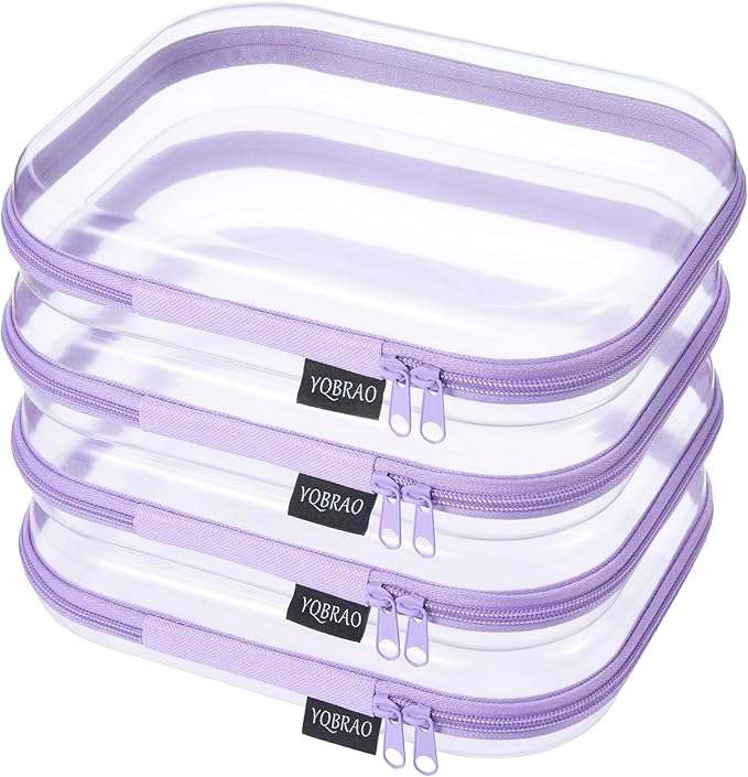 YQBRA 4 Pack Clear Hard Shell Zipper Case, See-Through Hard Plastic Organizer Pouches with Zipper for Travel, Toiletries, Makeup, Toy, Electronics & Pencils - Crush-Resistant Storage (M Purple)