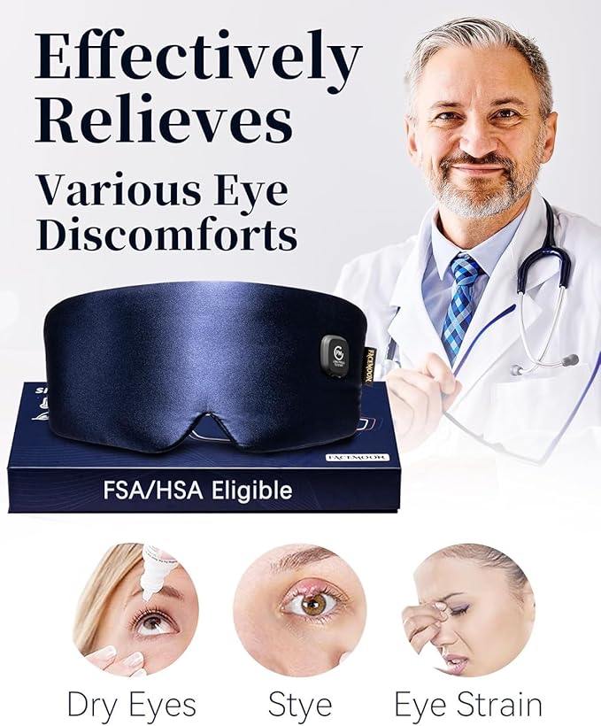 Heated Eye Mask for Dry Eyes - Silk Cordless Warm Eye Compress Moist Heat, FSA Eligible, Eye Heating Pad for Stye Treatment, Tired Eyes, Sleep, Travel, Washable, Rechargeable, Blue