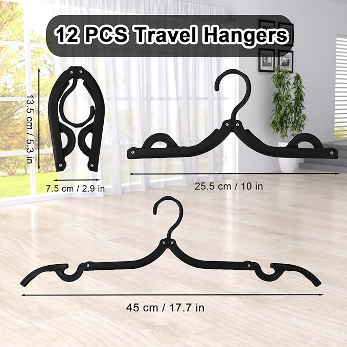 12 PCS Travel Hangers,Portable Folding Clothes Hangers Travel Accessories,Foldable Drying Rack,Black Non Slip Clothing Hangers with Clotheslines