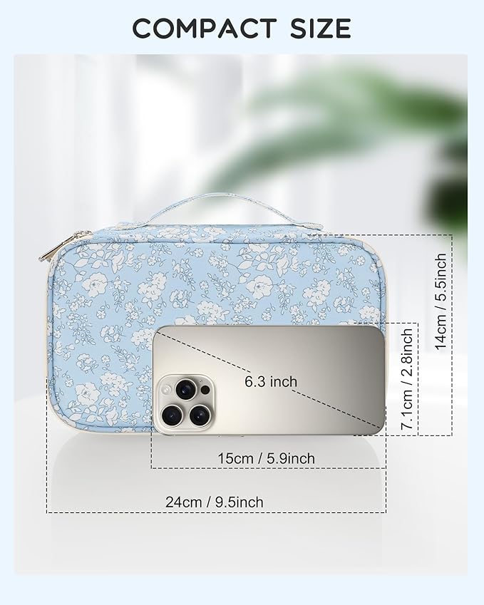 Relavel Travel Makeup Bag, Small Floral Cosmetic Bag with Makeup Brush Compartment, Portable Makeup Pouch for Women, Double Layer Makeup Organizer Bag Cute Toiletry Bag, White Flower
