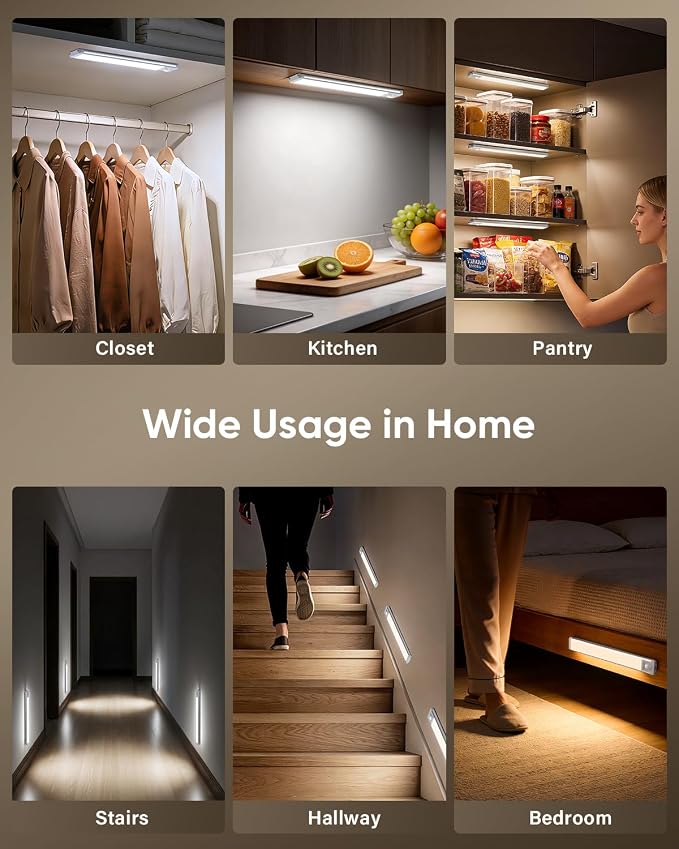 MCGOR 3 Pack 10inch Under Cabinet Lighting, Rechargeable Motion Sensor Light Indoor with 3 Color Temps, Dimmable Magnetic Led Closet Lights, Wireless Under Counter Lights for Kitchen, Stairs
