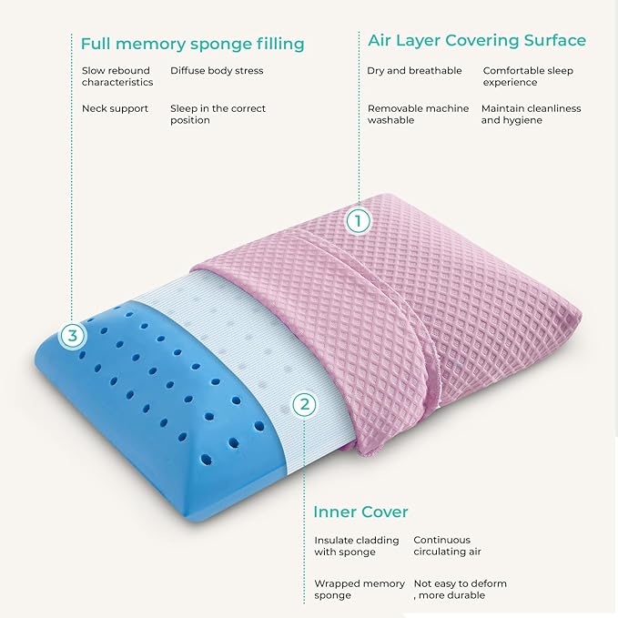 Travel Pillow Memory Foam Pillows, Camping Pillow-Compressible Medium Firm, Breathable Cover, Ideal Backpacking Hiking, Bed Pillows, Airplane and Car (Apricot Pink, M)