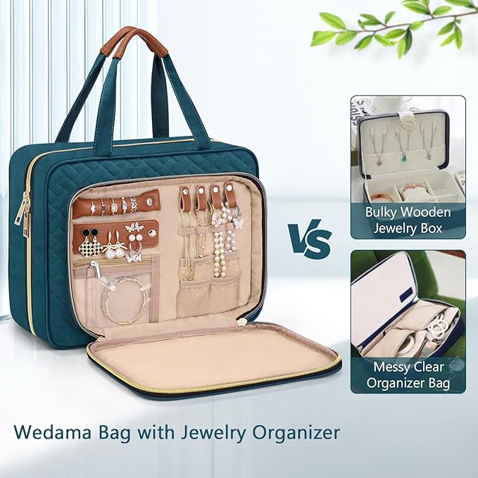 Wedama Toiletry Bag for Women, Hanging Travel Toiletry Bag with Jewelry Organizer Compartment Large Makeup Bag, PVC Waterproof Cosmetic Travel Bag for Travel Business Trips Camping Bathroom, Blue