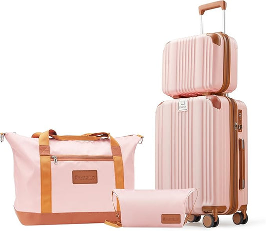 Luggage Set 3 Piece Luggage with PC+ABS Hardshell TSA Lock Spinner Wheels Carry on Lightweight Suitcase，YKK Zippers (Pink, 4 piece（14/20/DB/TB）)