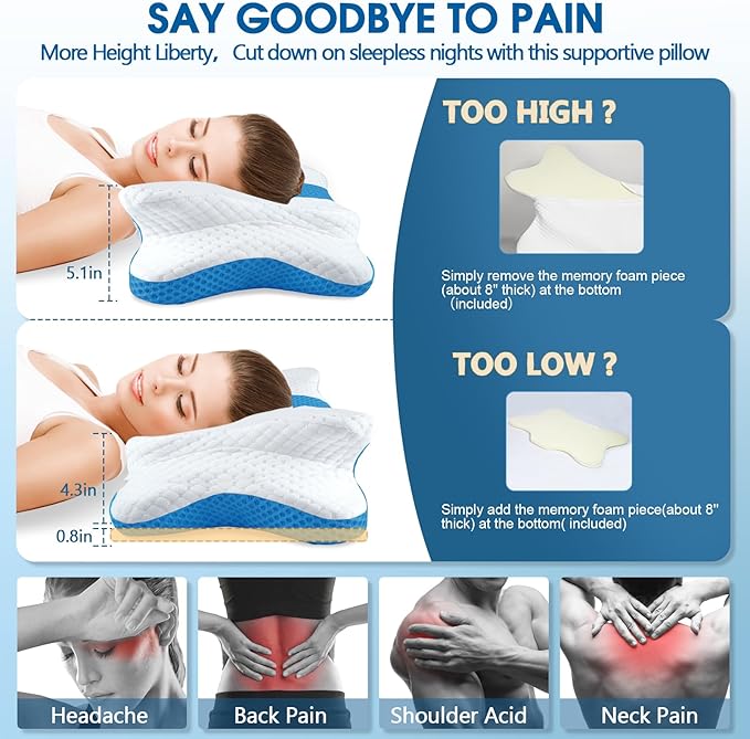 Memory Foam Pillows, Cervical Pillow for Neck and Shoulder Pain Relief, Ergonomic Contour Bed Pillow, Soft for Side Sleep Stomach Sleeping and Back Sleeper-Queen Size&Blue