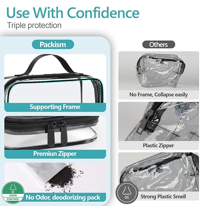 PACKISM Clear Makeup Bag Combo Pack, 1 TSA Approved Medium & Large for Checked Luggage, Clear Toiletry Bag with Handle, Water-resistant Travel Essentials Organizer, Elegant Black