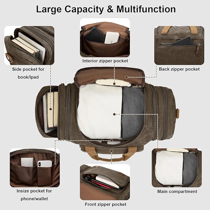 Waxed Canvas Duffel Bag 50L Waterproof Duffle Bag Travel Overnight Weekender Bag