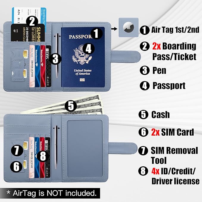 GOAUS Passport Holder for Travel with AirTag Slot Cards Cash Pocket, Faux Leather Travle Wallet Gifts for Women Men RFID Blocking Book Case Blue, AirTag Not Included