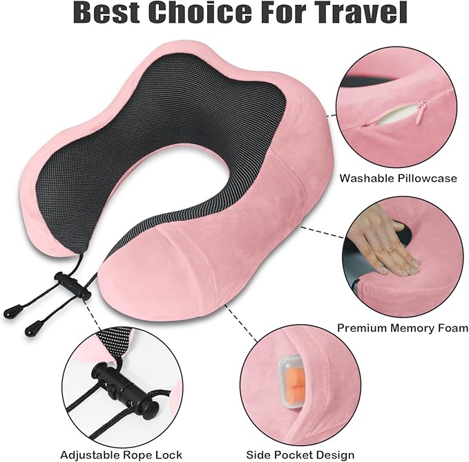 Travel Pillow, Memory Foam Neck Pillow for Traveling, U Shape Neck Pillow Airplane Portable Flight Pillow Travel Kit with 4D Contoured Eye Masks and Earplug for Plane Train Car Home Office - Pink