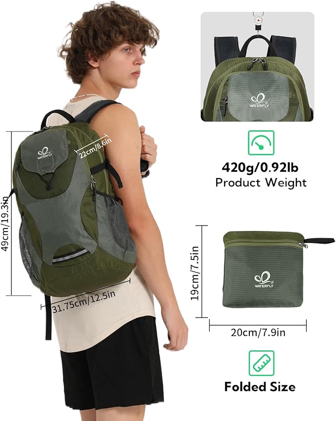 WATERFLY Lightweight Packable Hiking Backpack: 30L Foldable Travel Daypack Ultralight Camping Day Pack for Woman Man
