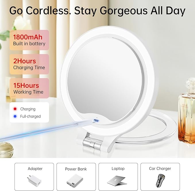 FASCINATE Magnifying Mirror 20X 1X Double Sided Magnification Makeup Vanity Mirror Rechargeable Lighted Mirror with 3 Color Setting Adjustable Rotation LED Vanity Desk Mirror