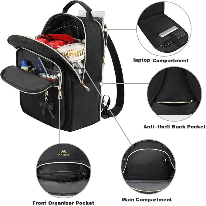 MATEIN Backpack Purse for Women, 17 inch Stylish Cute Waterproof Backpack Purse, Waterproof Fashion Casual Daily Shoulder Bag for Work College Travel, Gifts for Ladies, 2pcs Set, Black