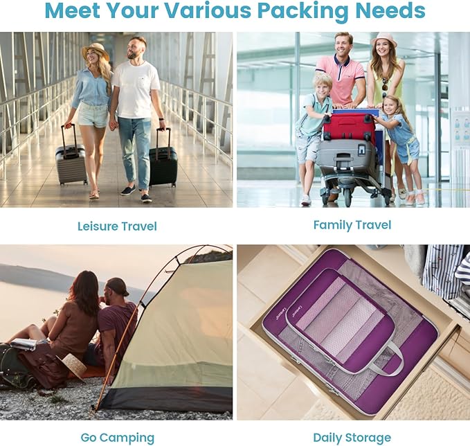 Cambond See Through Mesh Compression Packing Cubes - 4 Piece Expandable Space Saving Packing Cubes for Travel, Lightweight Travel Bags Luggage Packing Organizer Essentials for Suitcases, Purple